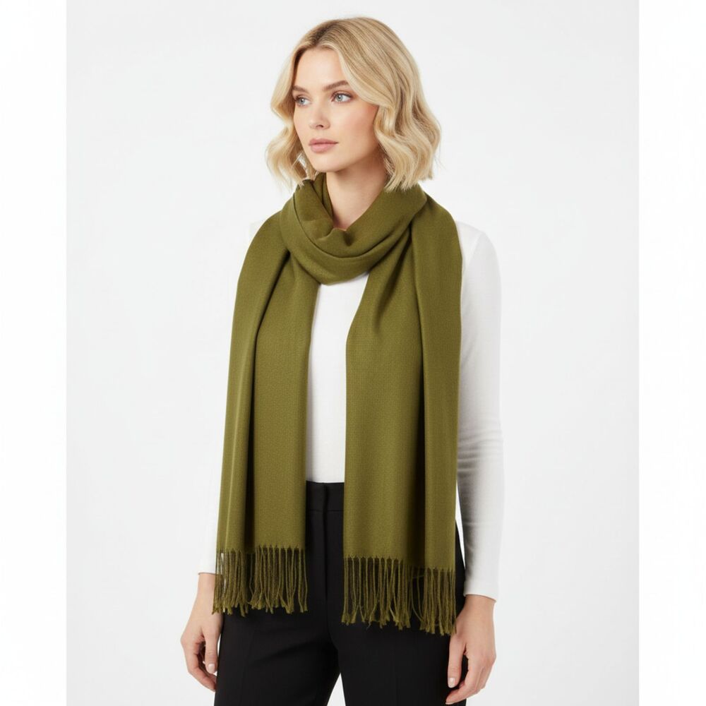 Pashmina Army Green Rectangular Fringe Trim Scarf OS